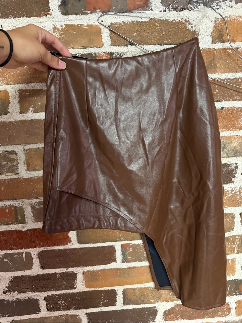 privy Brown Faux Leather Asymmetrical Skirt